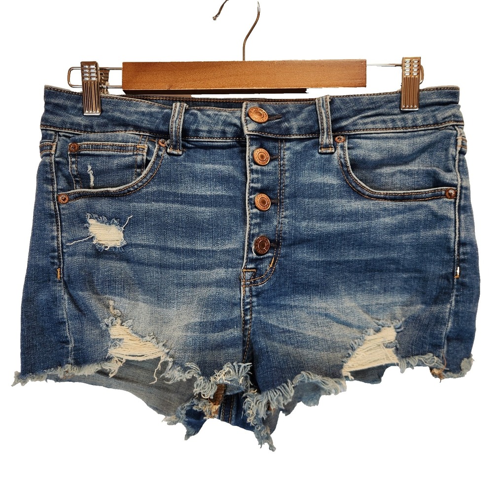 American Eagle Womens Size 8 Button Fly Stretch High Rise Shortie Denim Shorts